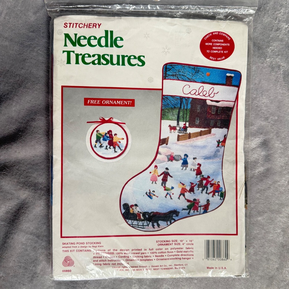 Vtg. New Needle Treasures Skating Pond Christmas Stocking Crewel Kit 00860 Rare